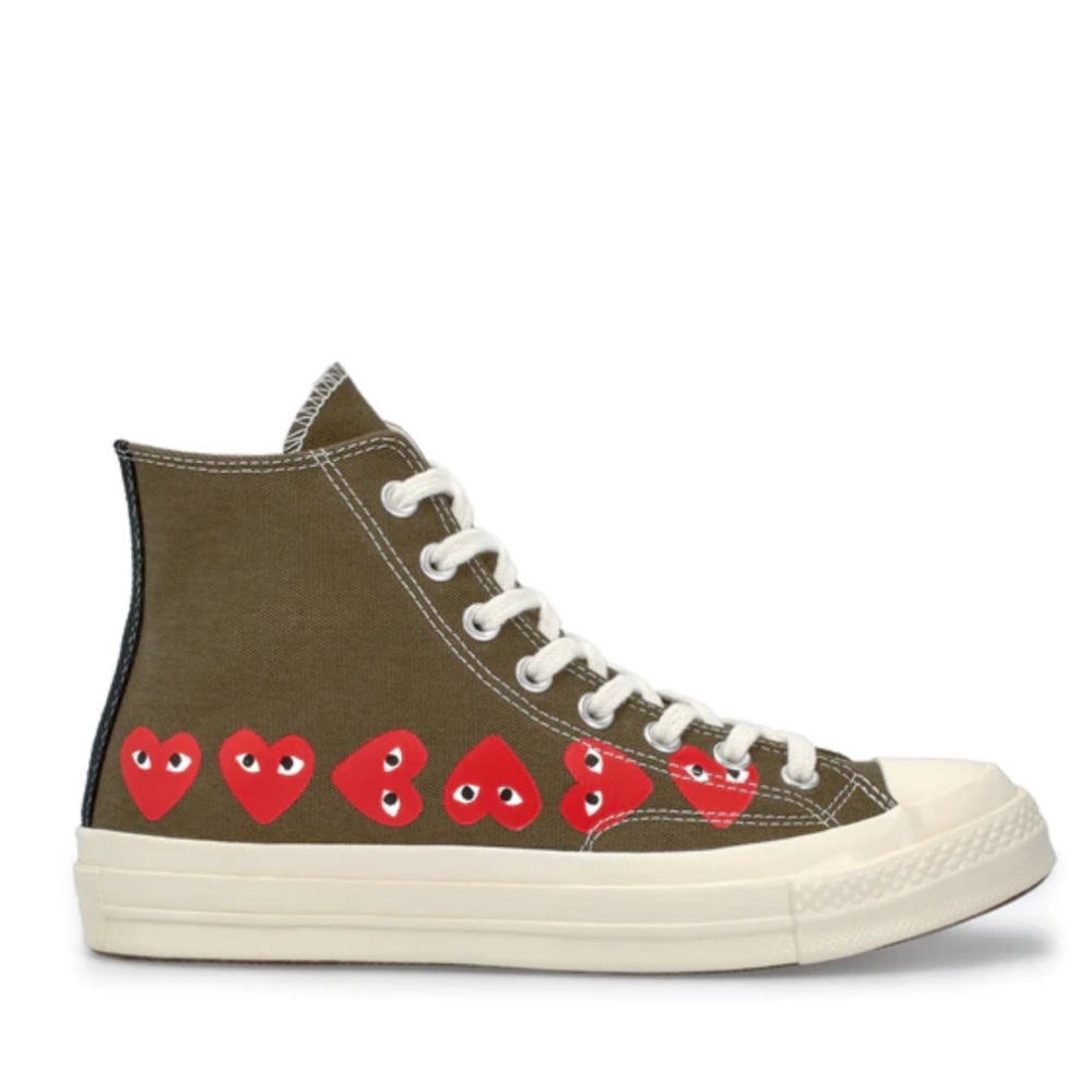 Comme des Garcons PLAY Olive High-Top Sneakers with Red Heart Motif